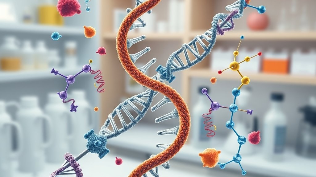 An illustration of a double helix DNA molecule with a four-stranded DNA knot, surrounded by proteins and other molecular structures, with a subtle background of a laboratory or a molecular model.