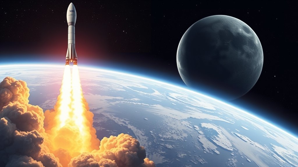 A detailed illustration of a massive rocket launching into space with the Earth in the background, carrying NASA astronauts on a mission to orbit the Moon.