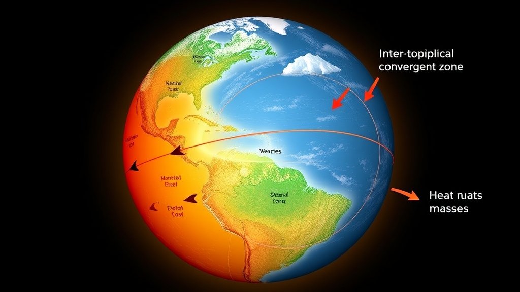 An illustration showing the Intertropical Convergence Zone (ITCZ) and its seasonal shifts, with arrows indicating the movement of air masses and heat transfer, set against a backdrop of a globe with subtle climate change indicators such as melting ice caps or changing weather patterns.