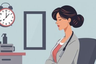A somber illustration of a woman in a doctor's office, with a subtle background image of a clock ticking away, symbolizing the urgent need for cervical cancer screening and awareness.
