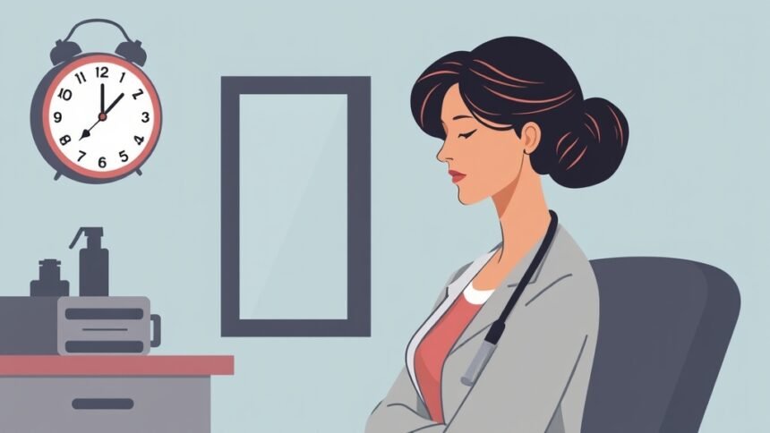 A somber illustration of a woman in a doctor's office, with a subtle background image of a clock ticking away, symbolizing the urgent need for cervical cancer screening and awareness.