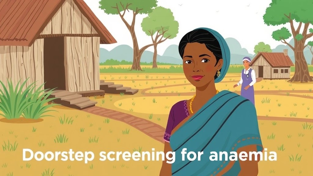 An illustration of a woman in a rural setting, with a healthcare worker in the background, and a caption "Doorstep Screening for Anaemia"