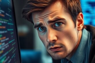 An image of a person looking at a computer screen with a concerned expression, with a blurred background of coding or AI-related graphics.