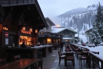 A photo of a Swiss ski resort with a bar in the background, and a subtle hint of smoke or fire, with a caption that reads "Tragedy in the Swiss Alps"