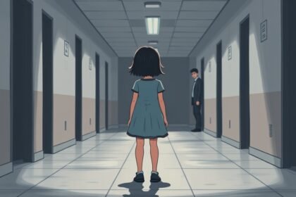 A somber illustration of a young girl standing alone in a college corridor, with a faint image of a professor and seniors in the background, symbolizing the horror of ragging and sexual harassment in educational institutions.