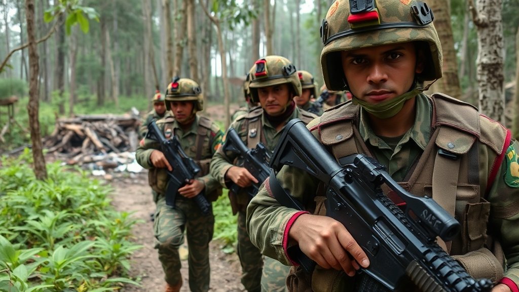 A detailed image of a security forces operation in a forest area, with soldiers in camouflage uniforms and carrying weapons, in the background a hint of a Maoist camp or a destroyed Maoist hideout.