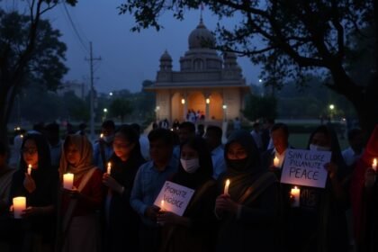 A somber image of a candlelight vigil with people from different faiths gathered together, holding candles and signs that read "Stop Violence" and "Promote Peace" in a park or outside a temple, with a subtle background of a Bangladeshi cityscape.