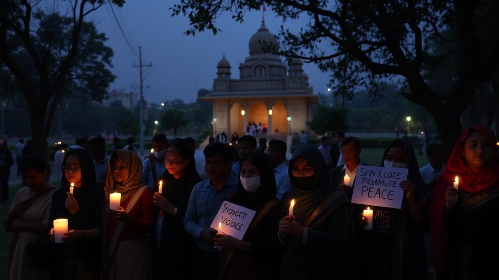 A somber image of a candlelight vigil with people from different faiths gathered together, holding candles and signs that read "Stop Violence" and "Promote Peace" in a park or outside a temple, with a subtle background of a Bangladeshi cityscape.