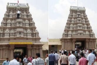 A photo of the Tirupati temple with a man climbing the tower, surrounded by security personnel and onlookers, with a caption "Security scare at Tirupati temple"