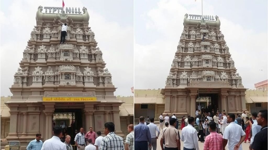 A photo of the Tirupati temple with a man climbing the tower, surrounded by security personnel and onlookers, with a caption "Security scare at Tirupati temple"