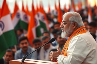 A photo of RSS chief Mohan Bhagwat giving a speech, with a subtle background of Indian flags and a crowd of people listening intently.