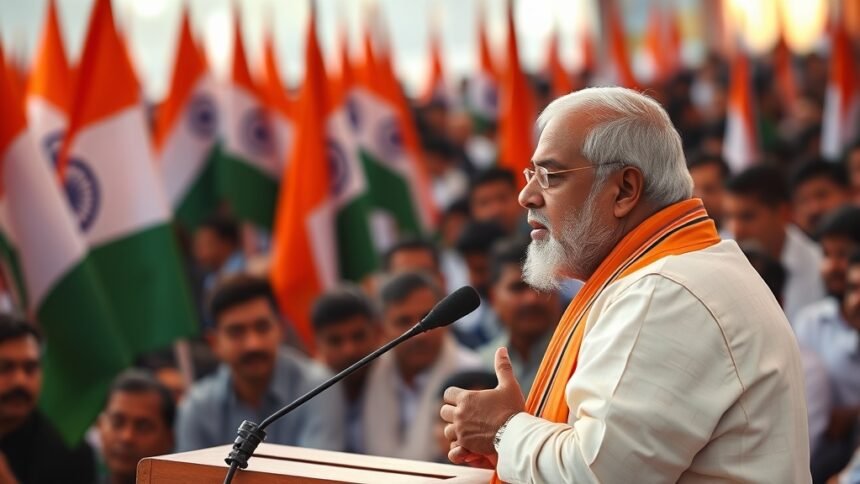 A photo of RSS chief Mohan Bhagwat giving a speech, with a subtle background of Indian flags and a crowd of people listening intently.