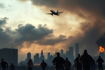 A dramatic image of a cityscape with smoke and flames in the background, with a low-flying aircraft visible in the sky, and people running in panic in the foreground.
