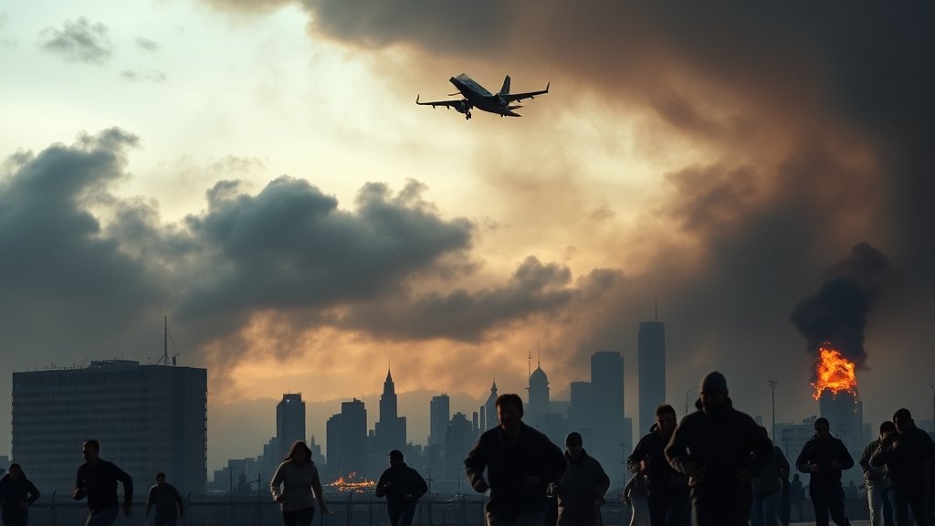 A dramatic image of a cityscape with smoke and flames in the background, with a low-flying aircraft visible in the sky, and people running in panic in the foreground.