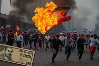 A dramatic image of a protest in Iran with a burning flag and people running in the background, with a subtle hint of a currency note or a price tag to represent the economic crisis.