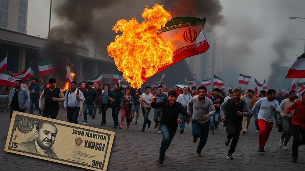 A dramatic image of a protest in Iran with a burning flag and people running in the background, with a subtle hint of a currency note or a price tag to represent the economic crisis.