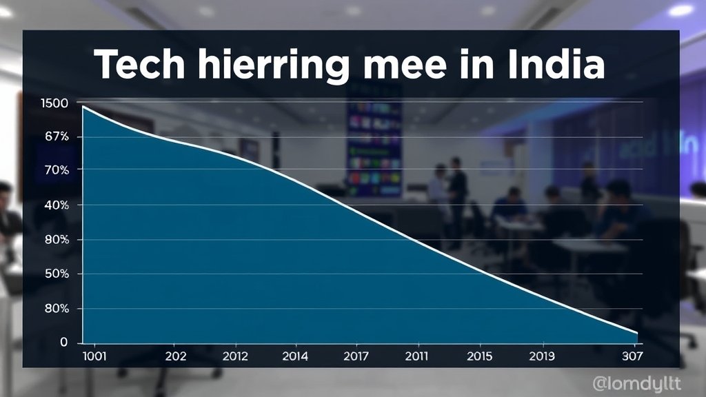 A graph showing a decline in tech hiring in India, with a background of a cityscape or a tech company office.