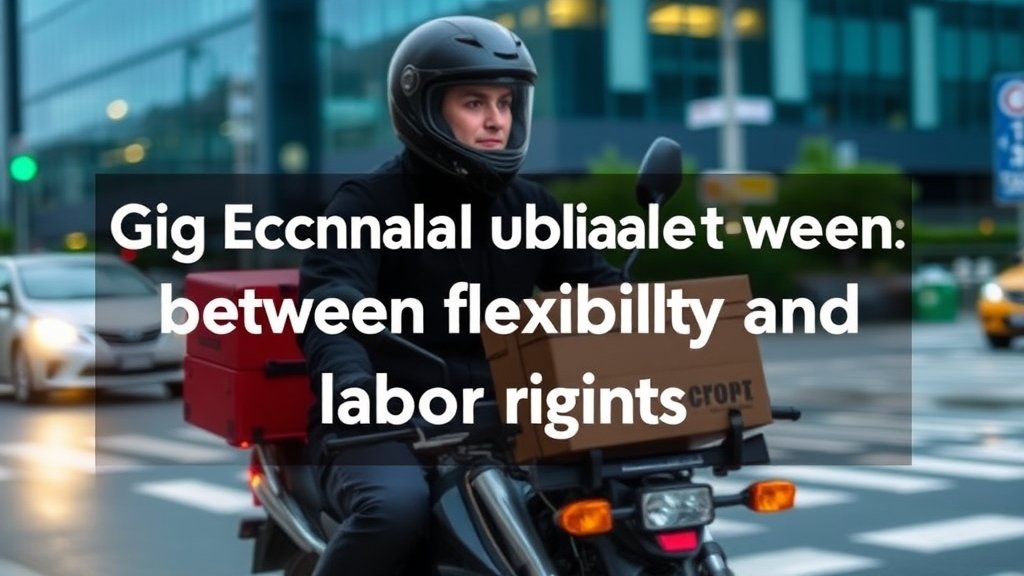 An image of a delivery agent on a motorcycle, with a blurred city background, and a caption "Gig Economy: Balance between flexibility and labor rights"