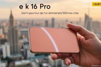 A high-quality image of the Realme 16 Pro smartphone with a 200MP camera and Dimensity 7300-Max chip, with a cityscape background and a person holding the phone, highlighting its features and design.