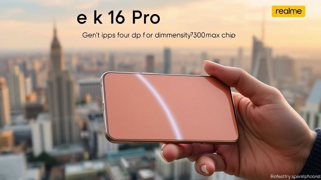 A high-quality image of the Realme 16 Pro smartphone with a 200MP camera and Dimensity 7300-Max chip, with a cityscape background and a person holding the phone, highlighting its features and design.