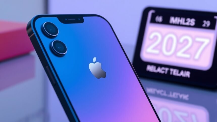 A concept image of the iPhone 18 with a subtle background hinting at a delay or a calendar showing 2027 as the release year