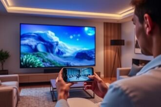 A high-quality image of the Samsung Freestyle+ portable screen in a modern living room setting, with a person controlling it using a smartphone app.