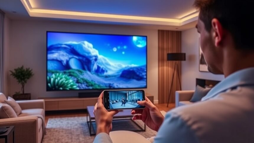 A high-quality image of the Samsung Freestyle+ portable screen in a modern living room setting, with a person controlling it using a smartphone app.