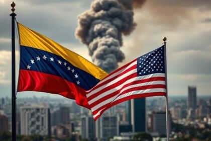 A dramatic image of a cityscape with smoke rising in the background, with a Venezuelan flag and an American flag in the foreground, symbolizing the conflict between the two nations.
