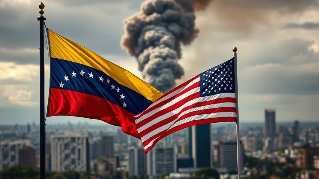 A dramatic image of a cityscape with smoke rising in the background, with a Venezuelan flag and an American flag in the foreground, symbolizing the conflict between the two nations.