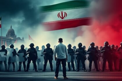 A dramatic image of an Iranian protest with a lone protester standing in front of a line of riot police, with a hint of the Iranian flag and a cityscape in the background, symbolizing the ongoing struggle for freedom and democracy.