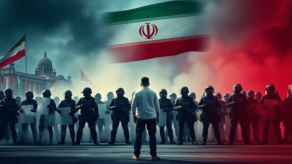 A dramatic image of an Iranian protest with a lone protester standing in front of a line of riot police, with a hint of the Iranian flag and a cityscape in the background, symbolizing the ongoing struggle for freedom and democracy.