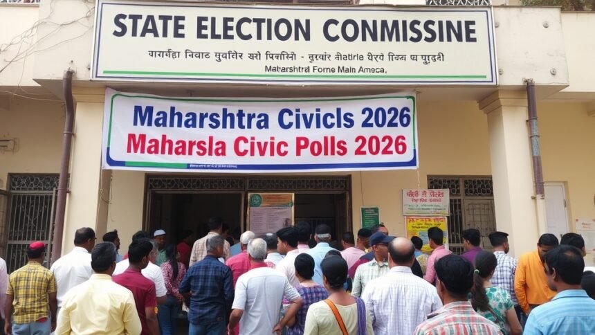 A photo of the State Election Commission office in Maharashtra with a banner reading "Maharashtra Civic Polls 2026" and a crowd of people waiting outside to cast their votes.