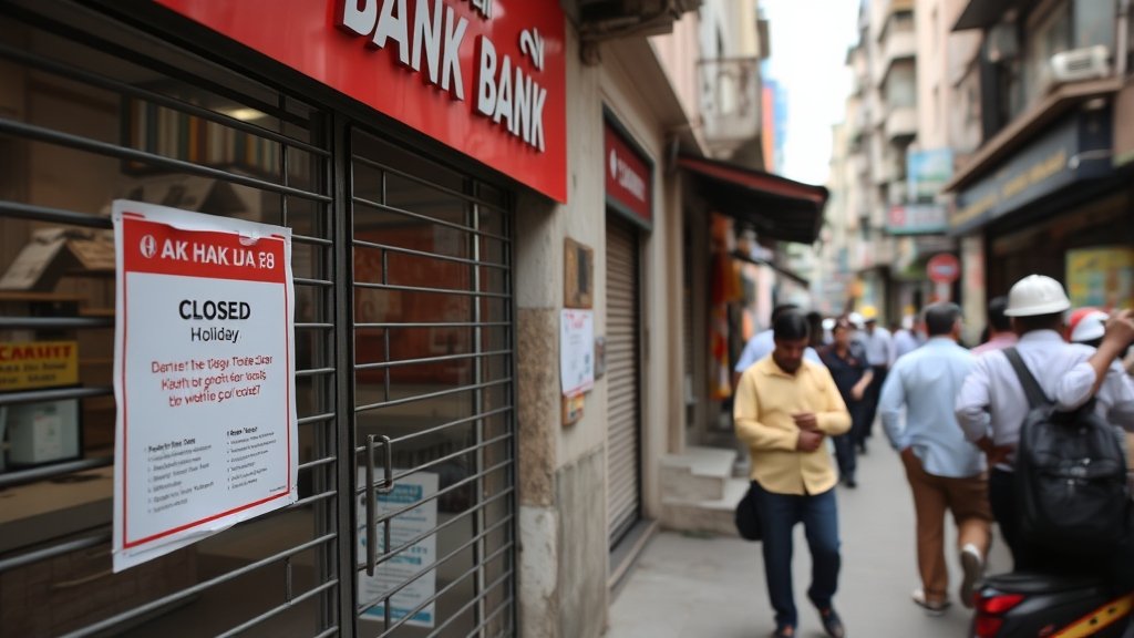 A photo of a closed bank branch with a sign indicating a holiday, with people walking by in the background, set in a busy Indian city like Mumbai or Delhi.