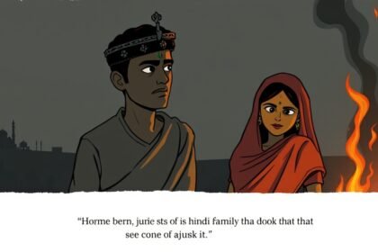 A somber illustration depicting a Hindu family in Bangladesh seeking justice, with a subtle background hinting at the violence and flames, conveying a sense of urgency and despair.