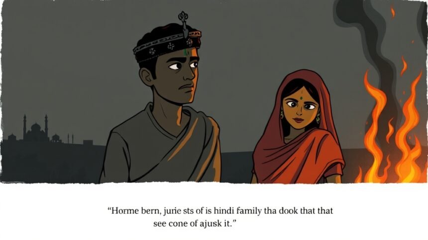 A somber illustration depicting a Hindu family in Bangladesh seeking justice, with a subtle background hinting at the violence and flames, conveying a sense of urgency and despair.