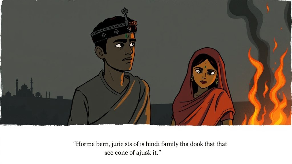 A somber illustration depicting a Hindu family in Bangladesh seeking justice, with a subtle background hinting at the violence and flames, conveying a sense of urgency and despair.