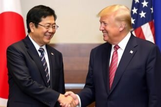 A photo of Japanese Prime Minister Takaichi and former US President Donald Trump shaking hands, with a subtle background of the Japanese and American flags.