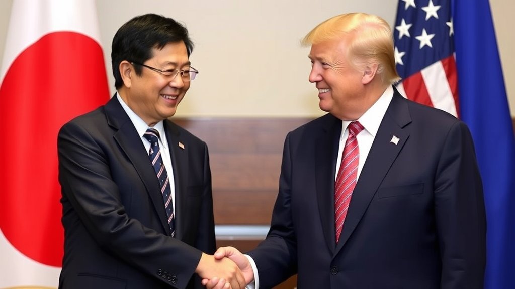 A photo of Japanese Prime Minister Takaichi and former US President Donald Trump shaking hands, with a subtle background of the Japanese and American flags.