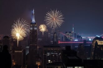 A dramatic image of a city on New Year's Eve with a subtle hint of a foiled terrorist plot in the background, incorporating elements of law enforcement and national security.