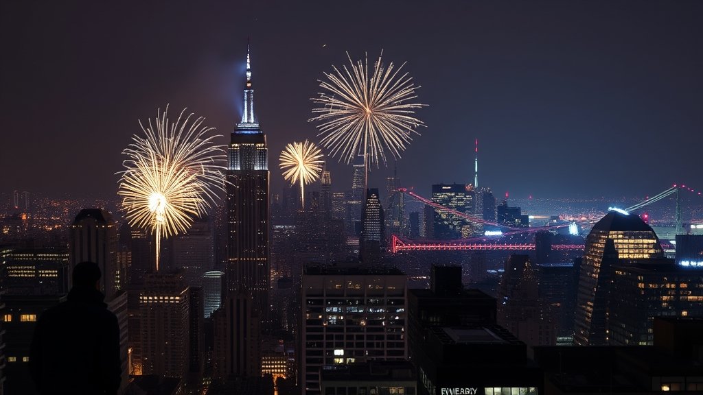 A dramatic image of a city on New Year's Eve with a subtle hint of a foiled terrorist plot in the background, incorporating elements of law enforcement and national security.