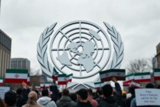 A high-quality image of the United Nations building in New York City with a subtle background of Iranian protesters holding signs, symbolizing the international attention on the Iran protests and the potential role of the UN in addressing the situation.