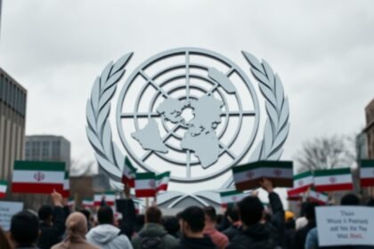 A high-quality image of the United Nations building in New York City with a subtle background of Iranian protesters holding signs, symbolizing the international attention on the Iran protests and the potential role of the UN in addressing the situation.