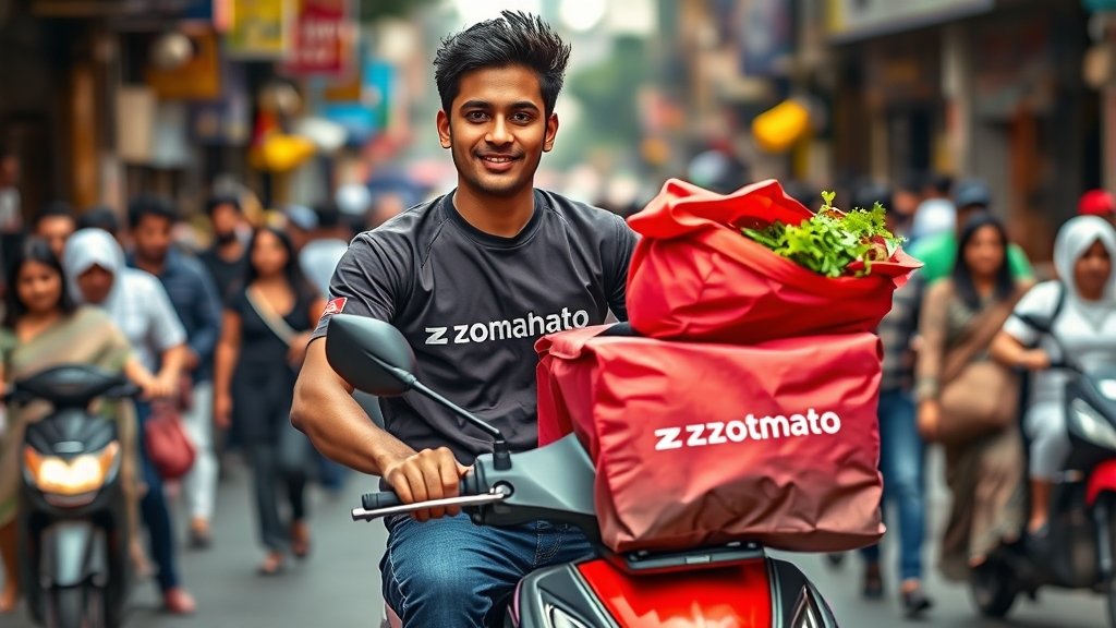 A young Indian delivery executive wearing a Zomato uniform, riding a scooter with a big bag of food, set against the backdrop of a bustling city street with people from all walks of life.