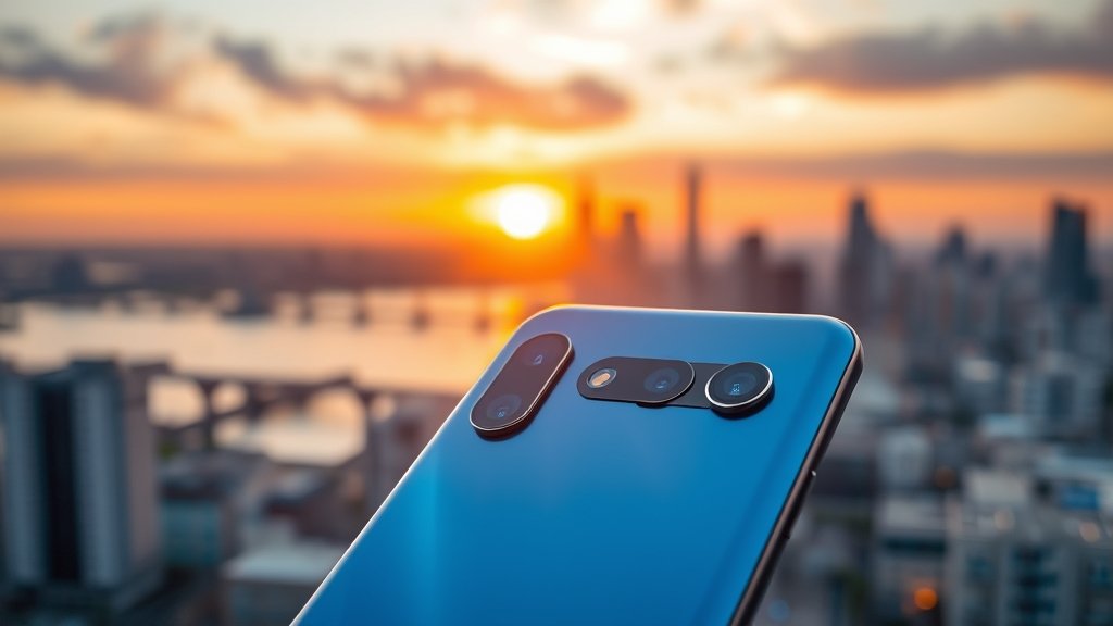 A high-quality image of the Oppo Reno 15 Pro 5G smartphone with a blurred background of cityscape at sunset, highlighting the phone's sleek design and camera capabilities