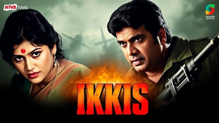 A dramatic poster of the movie Ikkis with Agastya Nanda and Dharmendra in the lead roles, with a subtle background of a war zone