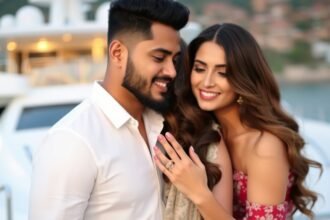A romantic photo of Nupur Sanon and Stebin Ben together, with Nupur showcasing her engagement ring, set against a beautiful backdrop of a yacht or a luxurious wedding venue.