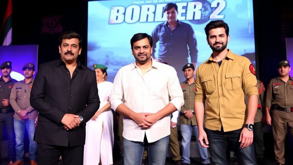 A photo of Sonu Nigam, Sunny Deol, and Varun Dhawan standing together at the song launch event of Border 2, with a background of Indian Army personnel and a giant screen displaying the movie's poster.