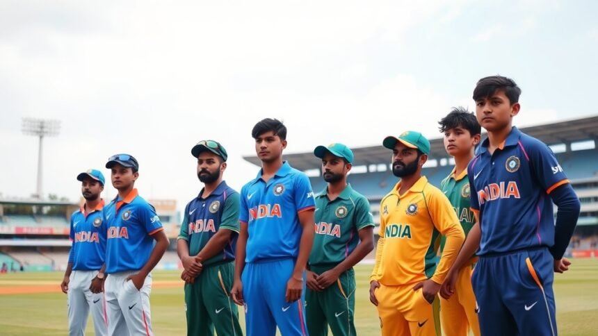 A group of young cricketers in Indian and South African jerseys standing on a cricket field with a stadium in the background, looking determined and focused.