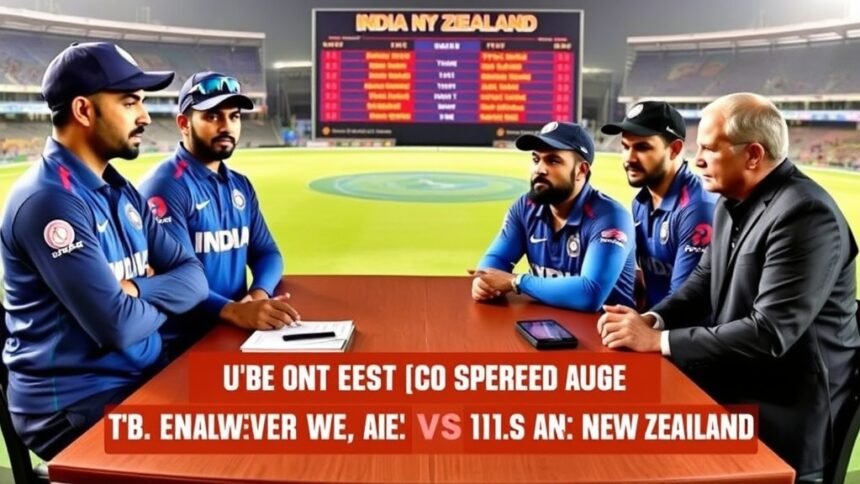 A photo of the Indian cricket team captains and selectors discussing the team selection for the upcoming ODI series against New Zealand, with a background of a cricket stadium and a scoreboard displaying the teams' names.