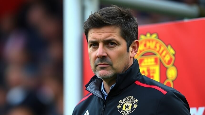 A photo of Ruben Amorim, the manager of Manchester United, with a determined expression, standing on the sidelines of a football match, with the Manchester United logo visible in the background.